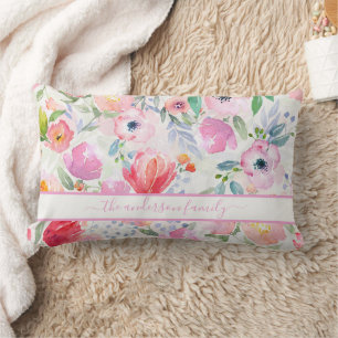 Coussin Rectangle Fleurs rose saumon écriture nom de famille bohème