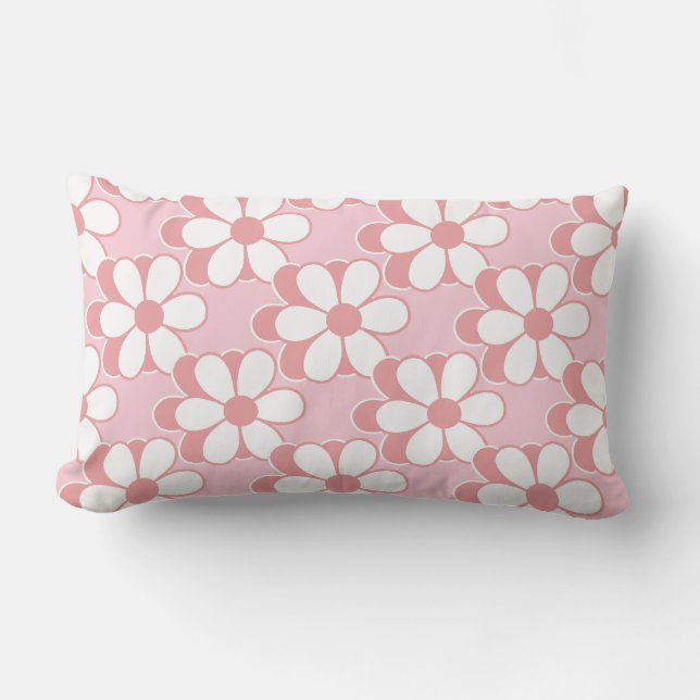 Coussin Rectangle Fleurs roses et blanches modernes sur rose clair (Recto)