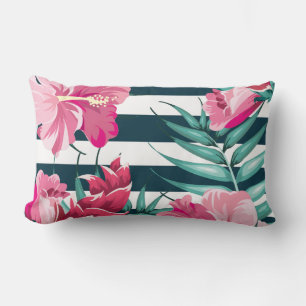 Coussin Rectangle Fleurs roses exotiques rayées