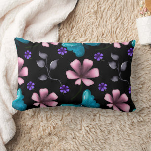 Coussin Rectangle Fleurs roses fantaisistes et papillon bleu sans co