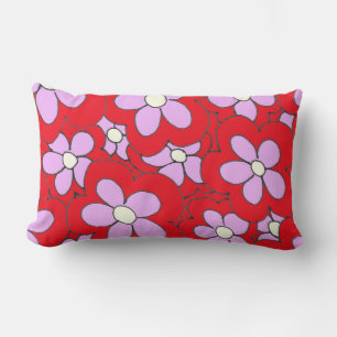 Coussin Rectangle Fleurs rouges et roses, dessin main