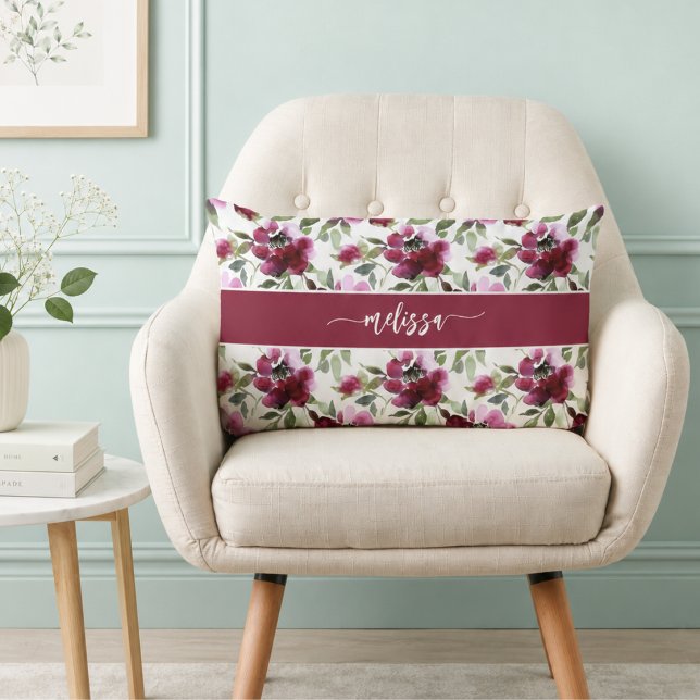 Coussin Rectangle Fleurs rouges personnalisées (personalized burgundy red floral lumbar pillow with custom name monogram)