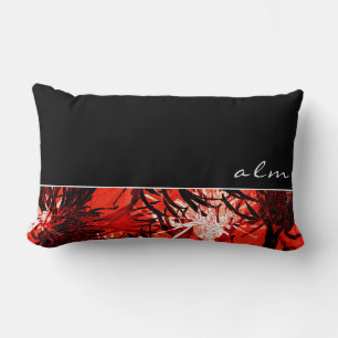 Coussin Rectangle Floral Abstrait noir rouge et blanc Monogramme