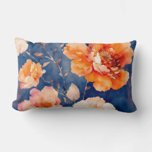 Coussin Rectangle Floral bleu marine et orange