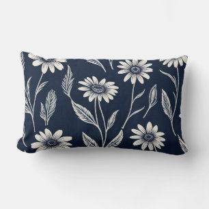 Coussin Rectangle floral d'été bleu et blanc - style imprimé en bloc