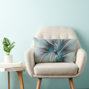 Coussin Rectangle Floral Fractal Moderne Fleur Abstrait gris bleu