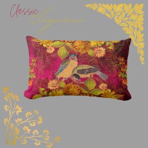 Coussin Rectangle Floral & Oiseaux Orange, Rouge, Canneberge Jaune