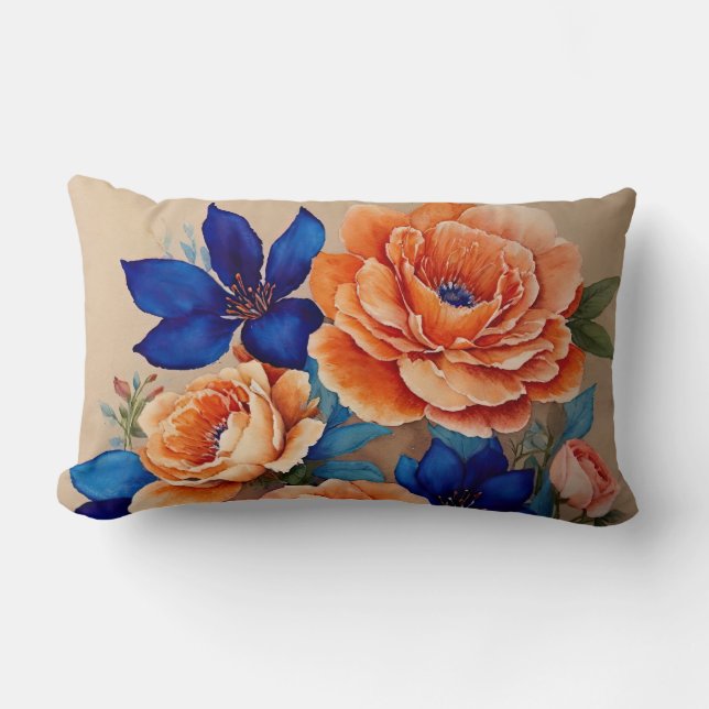 Coussin Rectangle Floral orange et bleu (Recto)