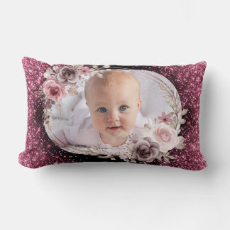 Coussin Rectangle Floral Pink Gold Two Photo Baby Girl cute