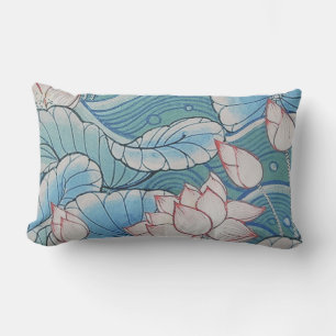 Coussin Rectangle Floral rose de Chinoiserie et bleu oriental en