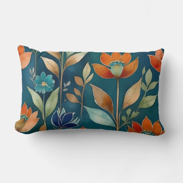 Coussin Rectangle Floral turquoise, bleu et orange (Recto)