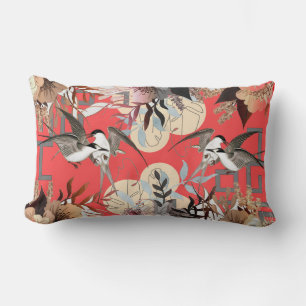 Coussin Rectangle Flore élégant, oiseaux Géométrie sur le rouge ceri