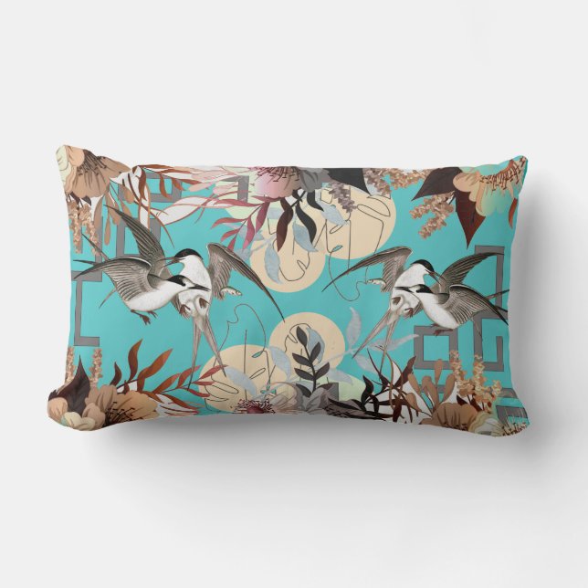 Coussin Rectangle Flore élégant, Oiseaux Géométrie sur Turquoise (Recto)