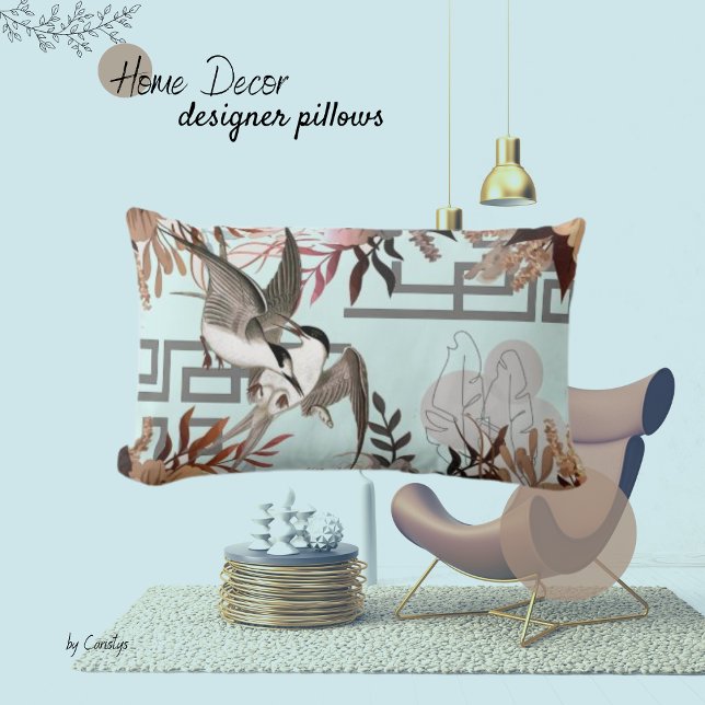 Coussin Rectangle Flore, Oiseaux, Bleu Dusty (Créateur téléchargé)