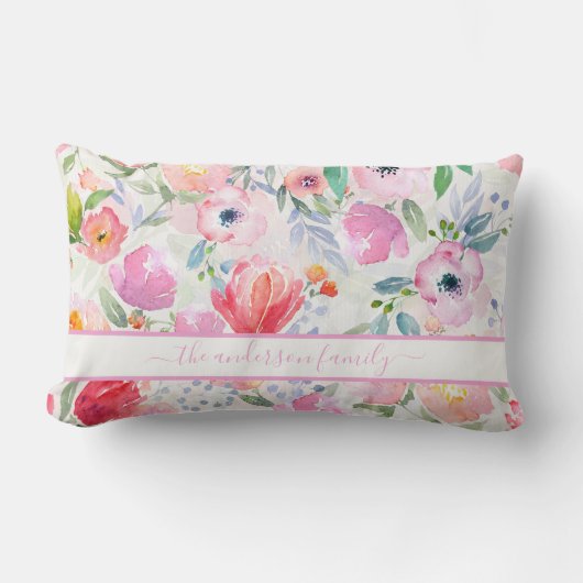 Coussin Rectangle Flore rose pâle boho nom de famille script (Recto)
