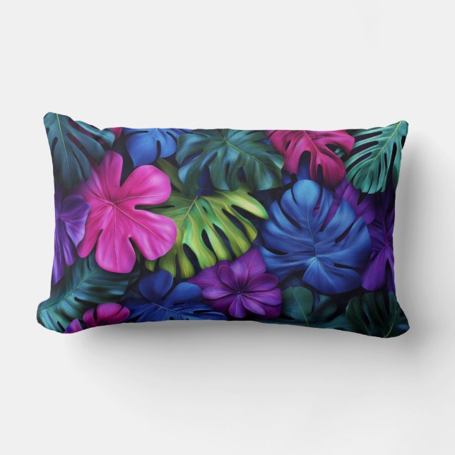 Coussin Rectangle Fond vibrant de feuilles tropicales néon Monstera (Recto)