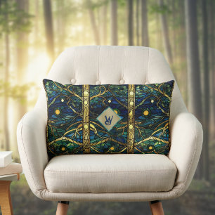 Coussin Rectangle Forêt Turquoise et de la Lune d'or avec Monogramme