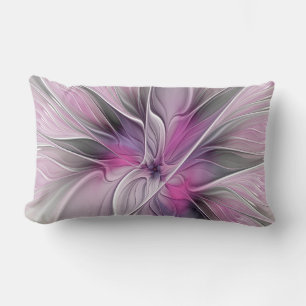Coussin Rectangle Fractal Floral Moderne Abstrait Fleur Rose Gris