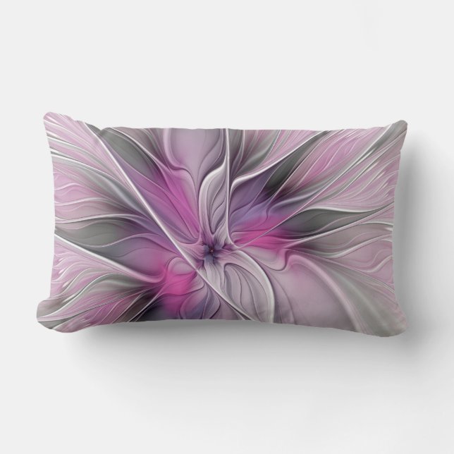 Coussin Rectangle Fractal Floral Moderne Abstrait Fleur Rose Gris (Recto)
