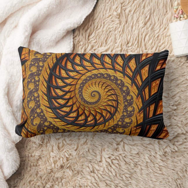 Coussin Rectangle Fractale en spirale abstraite noire et or (Couverture)