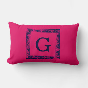 Coussin Rectangle Framboise, Clé grecque bleue marine #1 Monogramme 