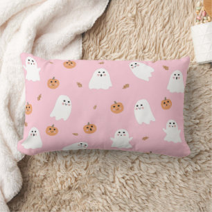 Coussin Rectangle Ghost mignon et Citrouille Motif d'Halloween rose