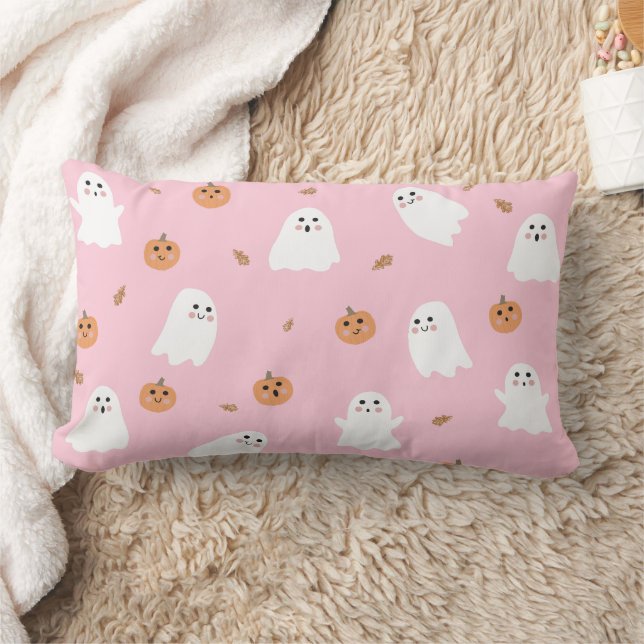 Coussin Rectangle Ghost mignon et Citrouille Motif d'Halloween rose (Couverture)