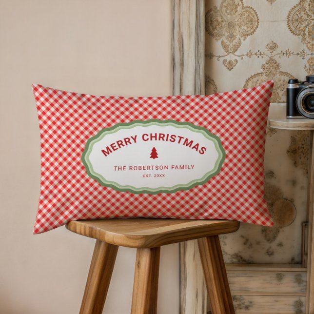 Coussin Rectangle Gingham Rouge Personnalisé Joyeux Noël Fêtes (Créateur téléchargé)
