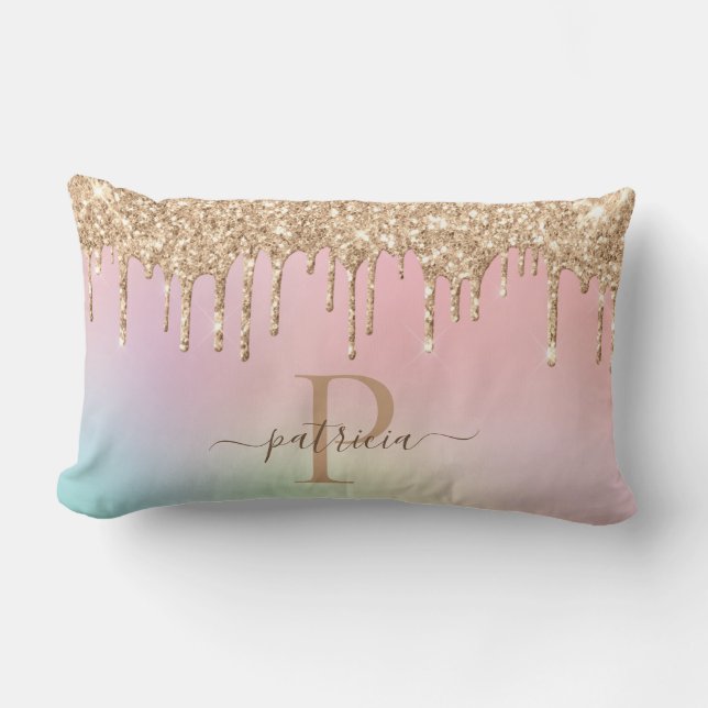 Coussin Rectangle Glam Or Paillettes Gouttes Élégant Monogramme  (Recto)