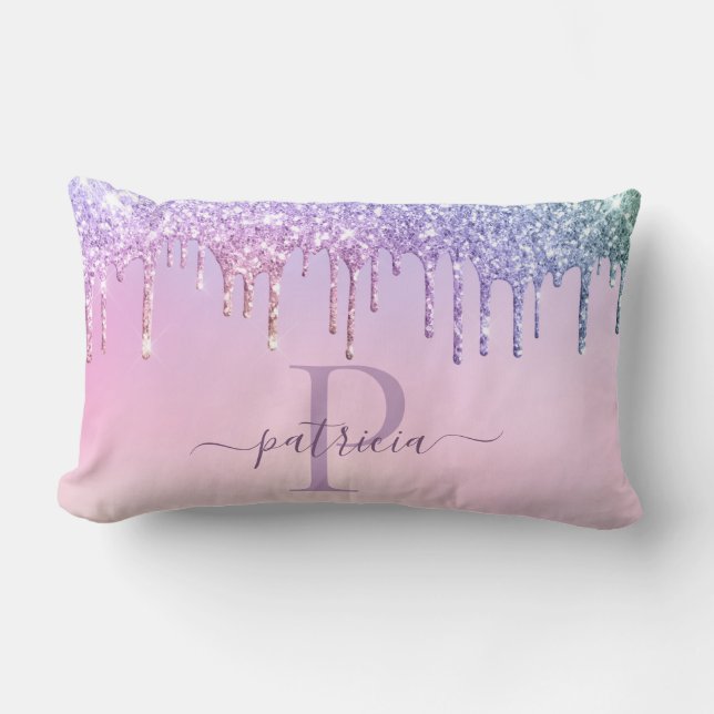 Coussin Rectangle Glamour gouttes de paillettes violettes Monogramme (Recto)
