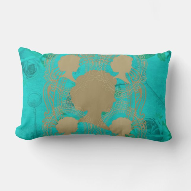 Coussin Rectangle Gold CameoLadies Turquoise Roses&Keys LumbarPillow (Recto)