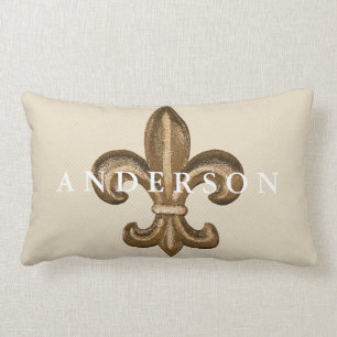 Coussin Rectangle Gold Fleur de Lis et Taupe blanc de trellis