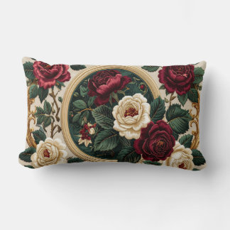 Coussin Rectangle Golden Frame Roses Pillow - Elegant Burgundy Cream
