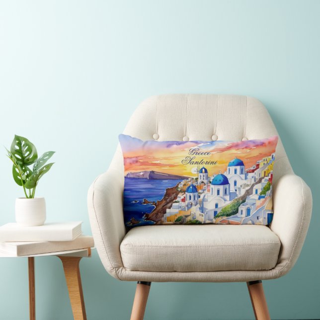 Coussin Rectangle Grèce Santorini Aquarelle Croquis mer Egée | (Chaise)