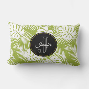 Coussin Rectangle Green Palm Feuille Rainforest Motif Monogram