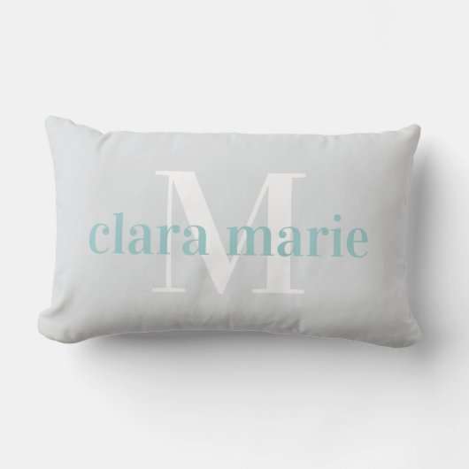 Coussin Rectangle Grey & Aqua | Nourriture Nom et Monogramme (Recto)