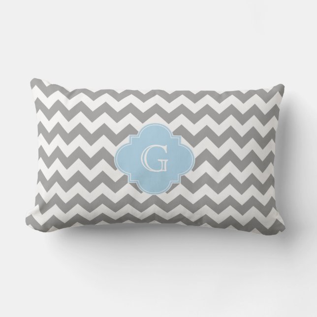 Coussin Rectangle Gris Blanc Chevron Bleu Clair Quatrefeuille Monogr (Recto)