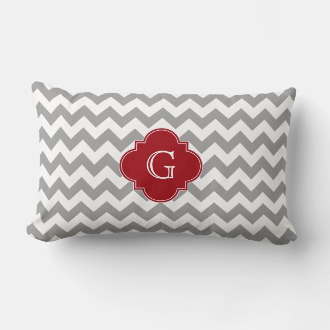 Coussin Rectangle Gris Blanc Chevron Cranberry Rouge Quatrefeuilles  (Recto)