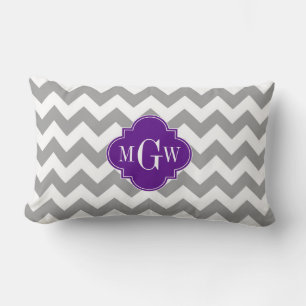 Coussin Rectangle Gris Blanc Chevron Monogramme Quatrefeuille Violet