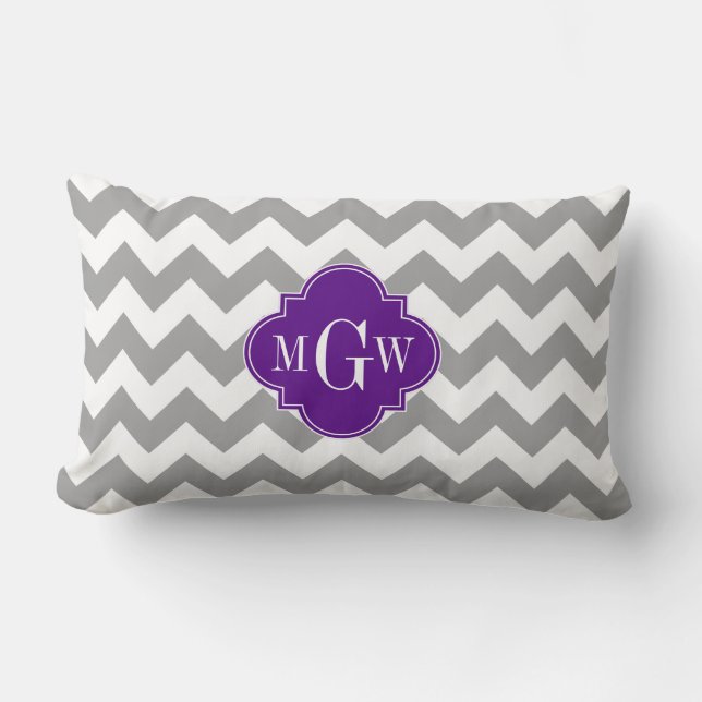 Coussin Rectangle Gris Blanc Chevron Monogramme Quatrefeuille Violet (Recto)