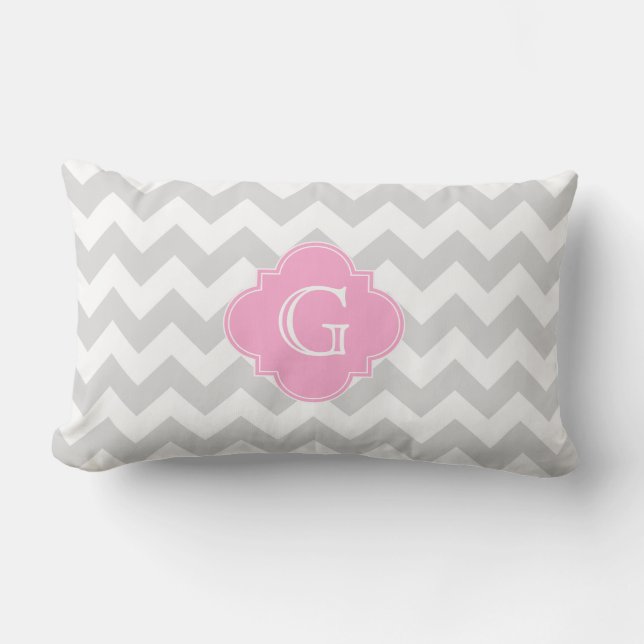 Coussin Rectangle Gris Clair Blanc Chevron Rose Quatrefeuille Monogr (Recto)
