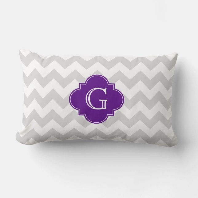 Coussin Rectangle Gris Clair Blanc Chevron Violet Quatrefeuille Mono (Recto)