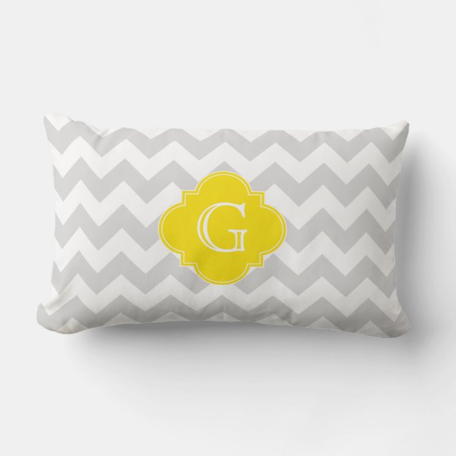 Coussin Rectangle Gris Clair Chevron Blanc Jaune Quatrefeuilles Mono (Recto)