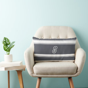 Coussin Rectangle Gris de charbon et rayures blanches Motif Monogram
