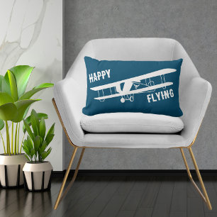 Coussin Rectangle Happy Flying Typography & Avion, Bleu, Simple