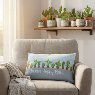 Coussin Rectangle Happy Place Personnalisé Cactus Lover décoratif