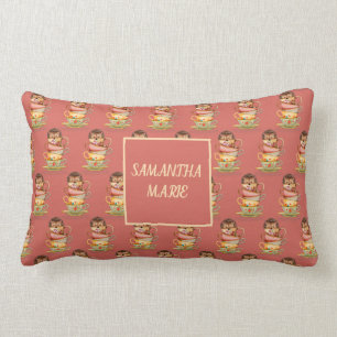 Coussin Rectangle Hérisson Mignon Tasses Colorées Rose Corail Monogr