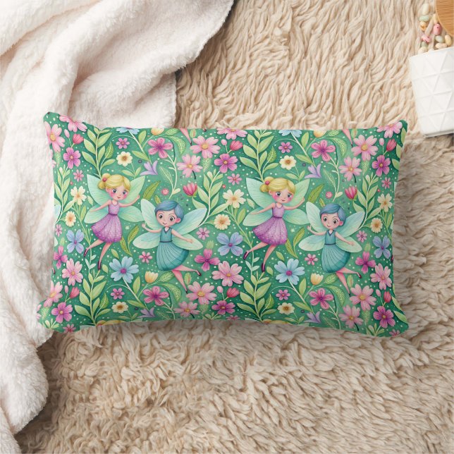 COUSSIN RECTANGLE HEUREUX FLEURS FAIRIES IMAGINAIRE (Couverture)