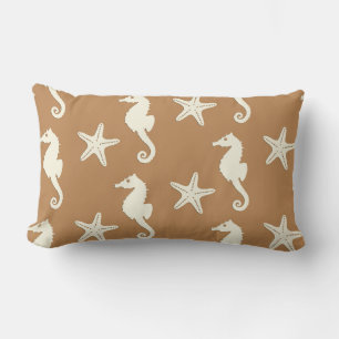 Coussin Rectangle Hippocampe et étoile de mer - cacao brun et beige