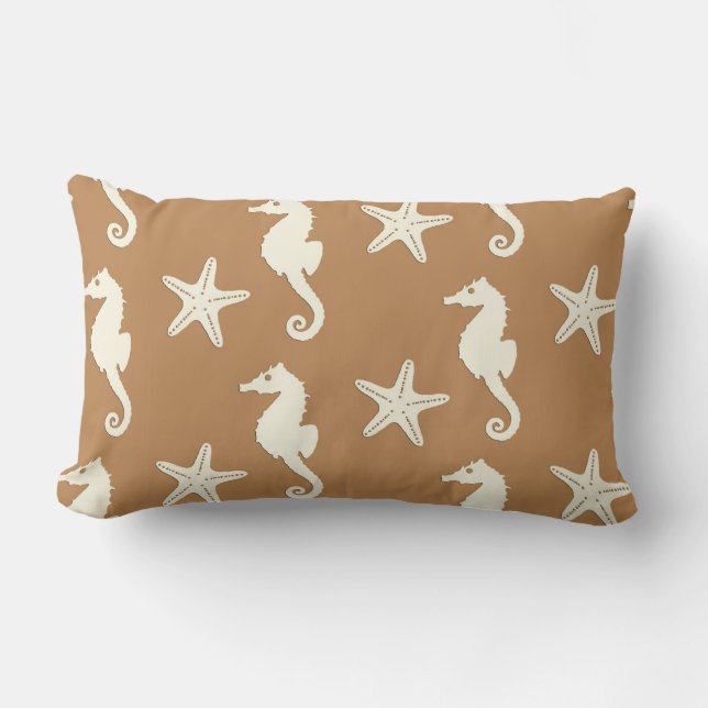 Coussin Rectangle Hippocampe et étoile de mer - cacao brun et beige (Recto)